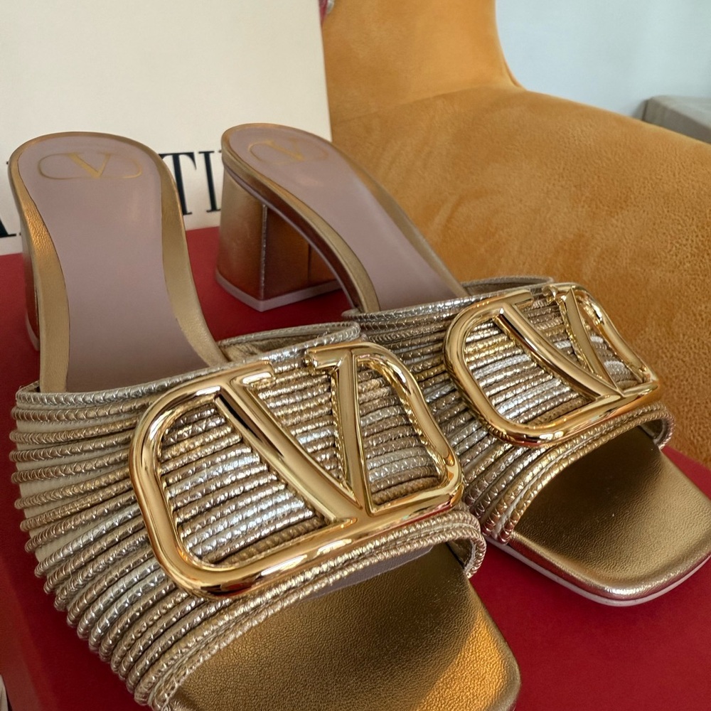 Valentino Gold Metallic Mules with Logo Detail